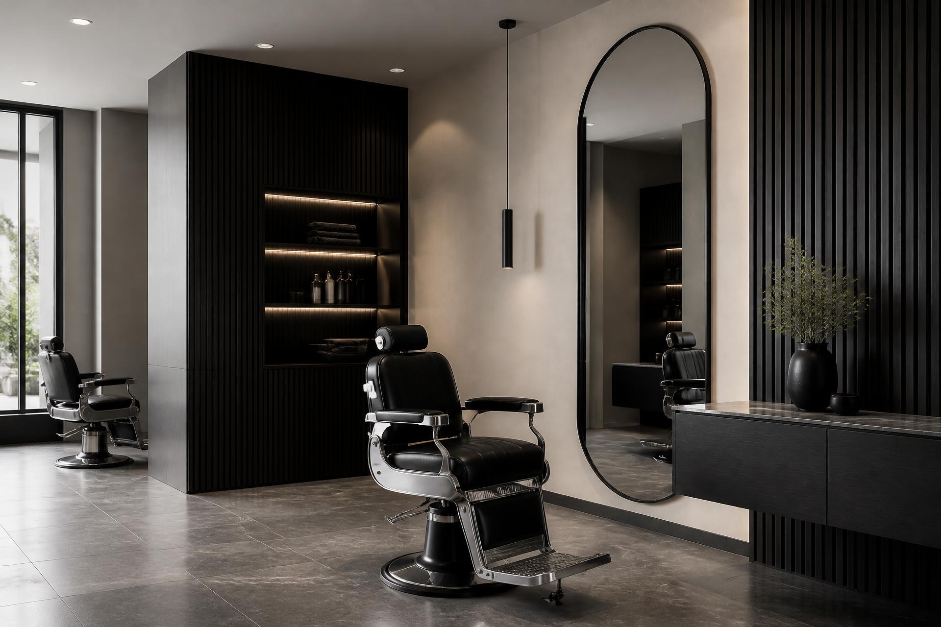 Interior of Refined Male Grooming barbers in Leigh with black leather chairs and a full height arch mirror